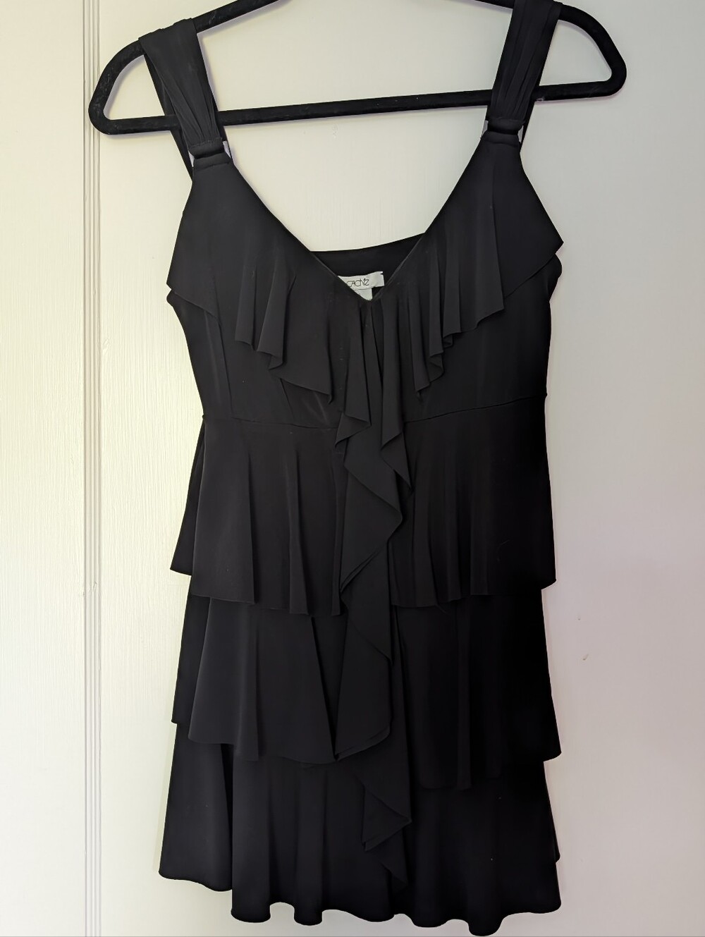 Caché Y2K Tiered Ruffled Top Black With Buckle Detail Straps S